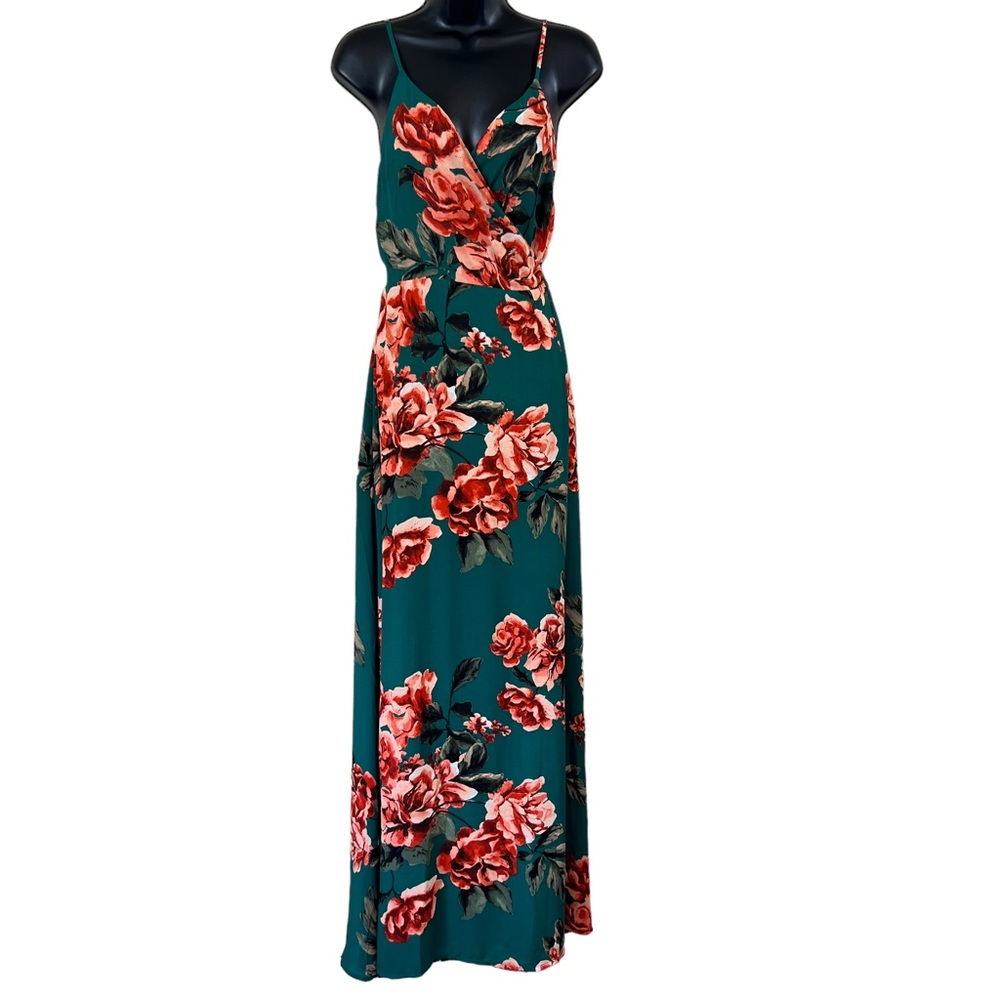 Lulu's Floral Flirtation Dark Green Floral Print Wrap Maxi Dress